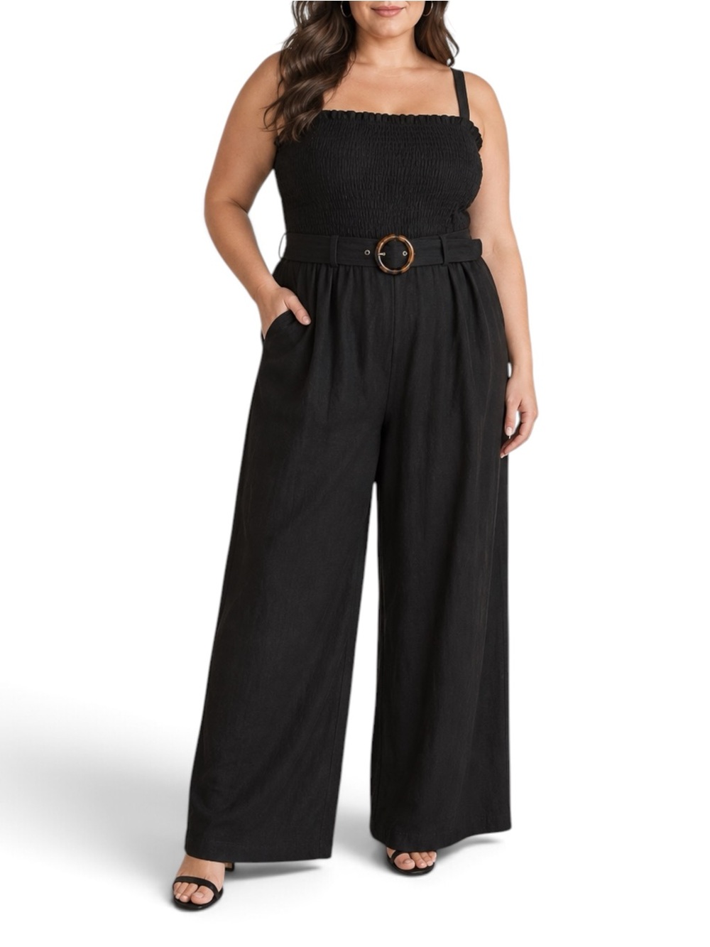 City Chic Wild Smock Jumpsuit XXL 24 Black Linen Blend Wide Leg NWT